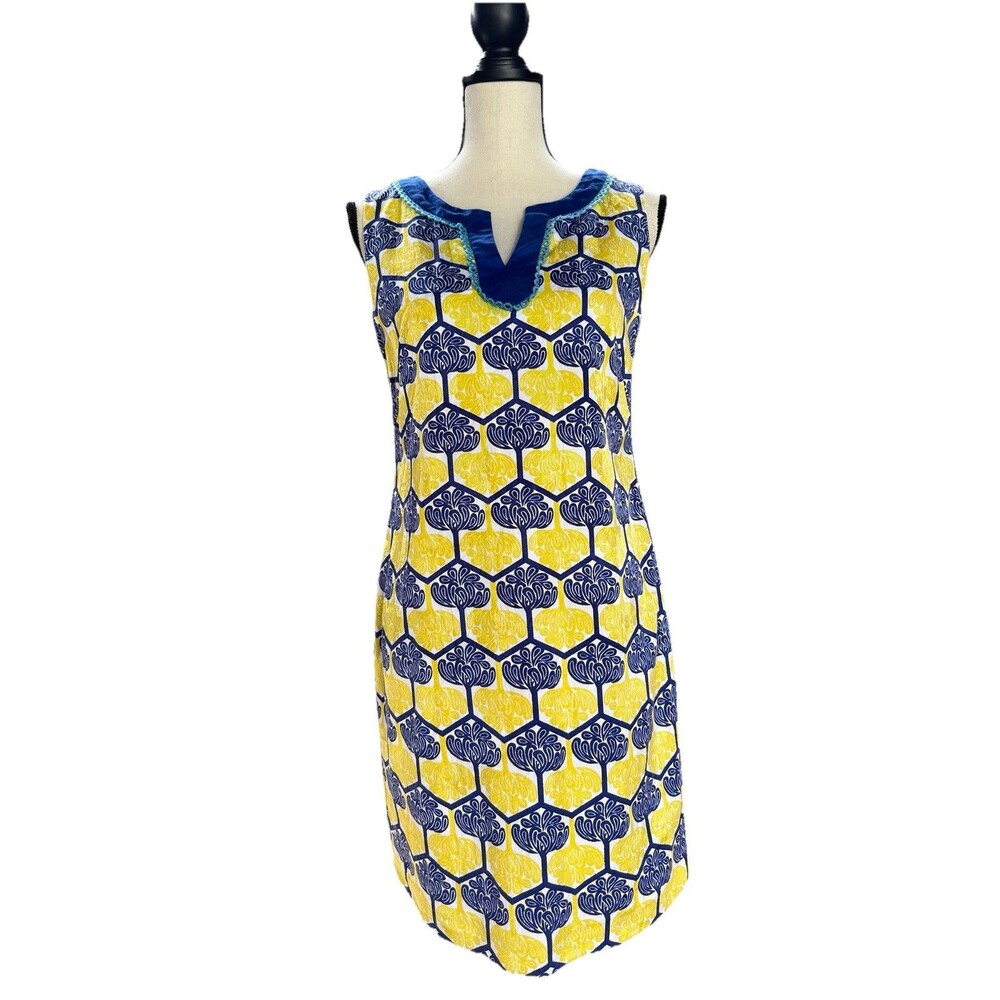 Jade Melody Tam Sleeveless Geometric Hexagon Shift Dress Blue Yellow Size Small